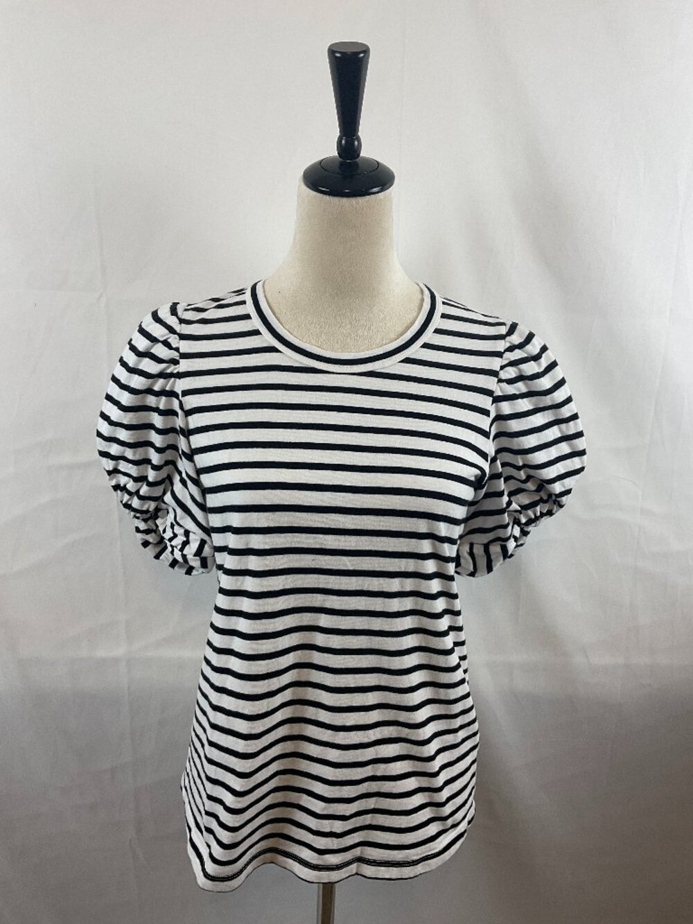 ALC Top S White Black Stripe Short Ruched Puff Sleeve